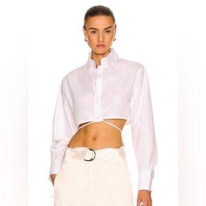 Matthew Bruch Long Sleeve Cropped Cinched Button Down Shirt in White Poplin